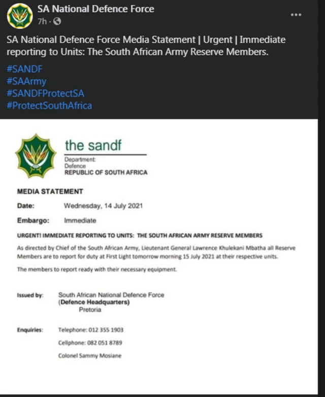 "Army deployed in Gauteng Durban KZB" looting: [South Africa Army deploy reserve to riots, looting, unrest] ontop 'state of emergency' concerns