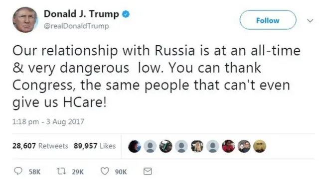 دونالد ترامپ: رابطه‌مان با روسیه به شکل خیلی خطرناکی کمتر از همیشه است. می‌توانید از کنگره بابت این تشکر کنید، از همان کسانی که حتی نتوانستند به ما بیمه درمانی بدهند.