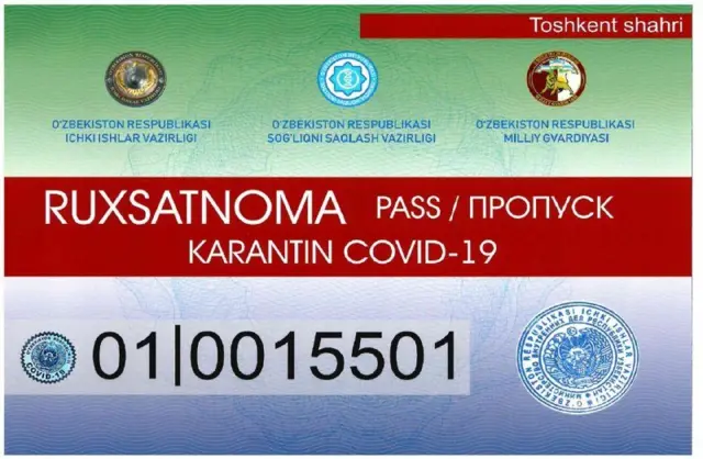 Ўзбекистондаги карантин даврида ҳаракатланишга изн берадиган стикер намунаси