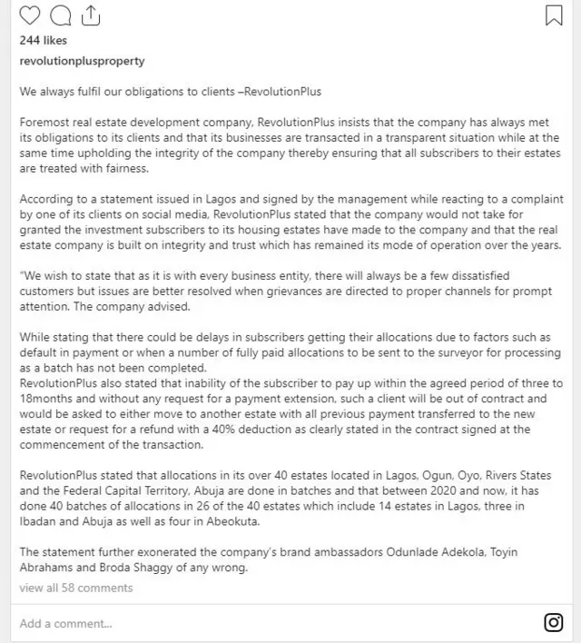 Ikede ti ileesẹ @Revolution Property gbe sita loju opo Instagram rẹ