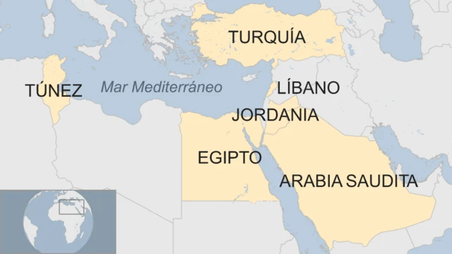 Mapa con los países afectados por la prohibición de Reino Unido de volar con dispositivos electrónicos de gran tamaño.