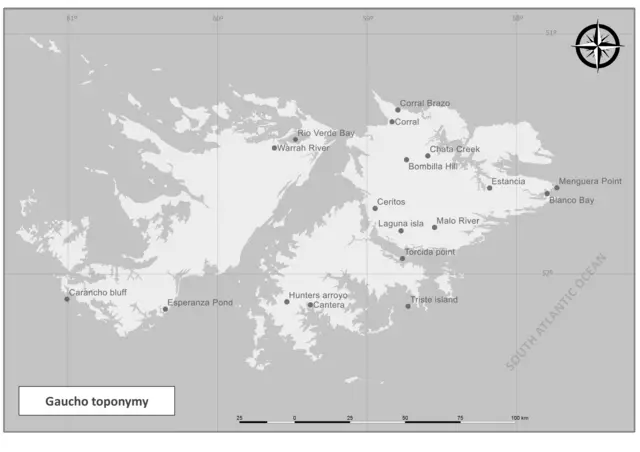 Ejemplos de la herencia que dejaron los gauchos en los topónimos en las islas Malvinas / Falklands.