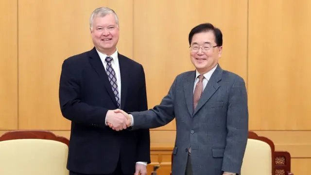 지난 2월 청와대에서 정의용 국가안보실장을 만난 미국 국무부 스티븐 비건 대북정책특별대표