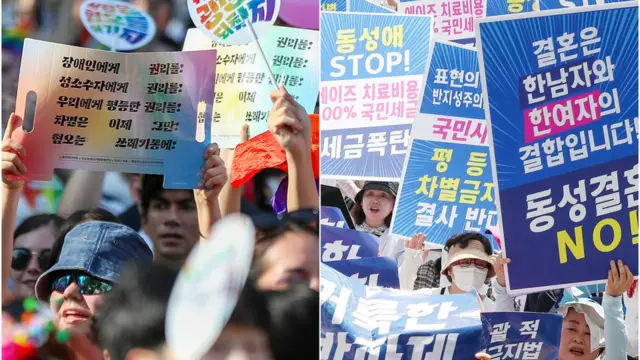 '성소수자를 향한 두 시선'. 지난 7월 1일 오후 서울 중구 삼일대로 일대에서 '제24회 서울퀴어문화축제'가, 같은 날 세종대로 일대에서는 '동성애퀴어축제반대 통합국민대회'가 열리고 있다