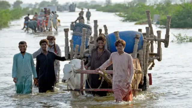 বালোচিস্তান প্রদেশের জাফরাবাদ জেলায় পানিতে ডোবা রাস্তা দিয়ে শুকনো জায়গার খোঁজে যাচ্ছে দুর্গত মানুষ