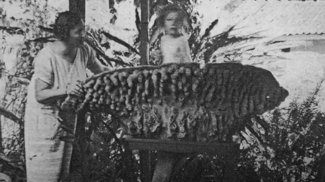Madre bañando a un niño usando una copa de Neptuno como bañera