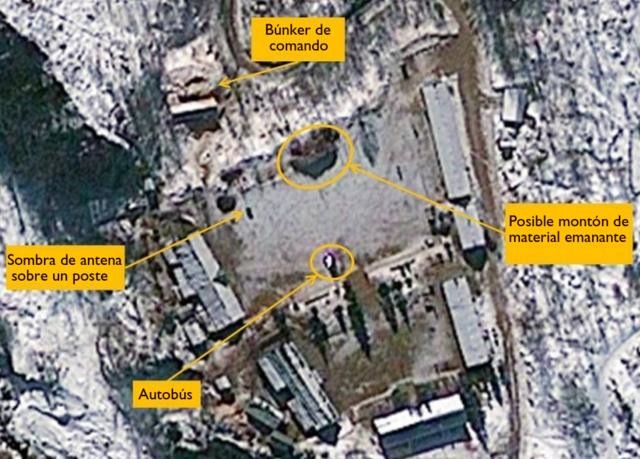 Imágenes satelitales del sitio nuclear en Punggye-ri resaltando señales de una posible preparación de una prueba nuclear (23 de enero, 2013)