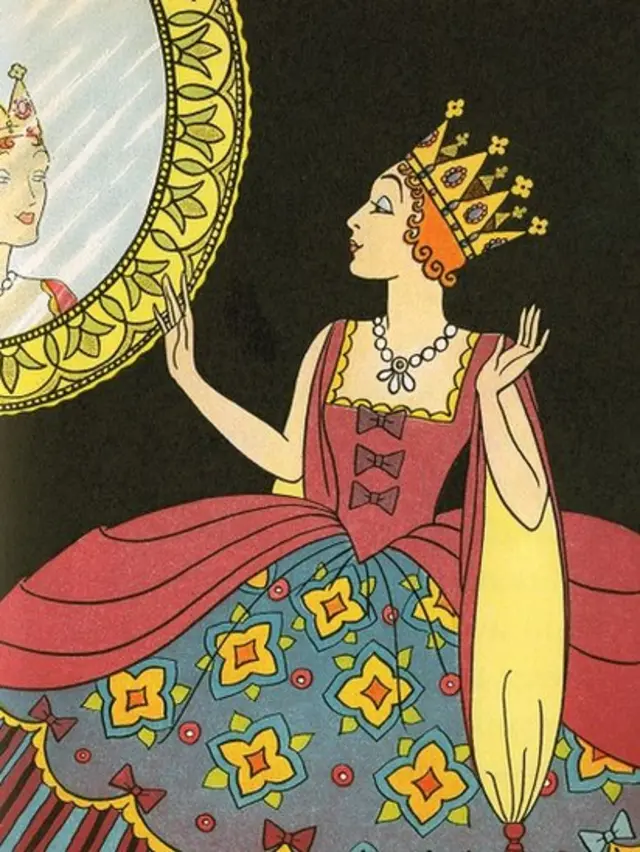 Vintage illustration from Snow White and the Seven Dwarfs fairy tale, showing Snow White's stepmother with her magic mirror. Lithograph, 1937.