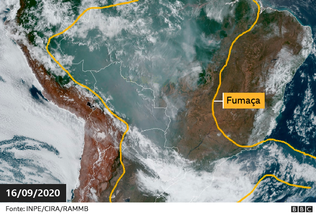 Fumaça na América do Sul em imagem de Satélite no dia 16 de setembro de 2019