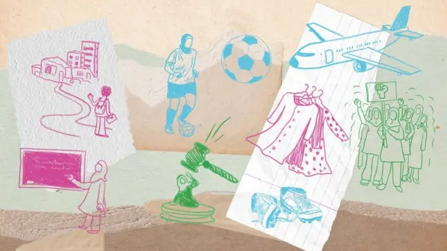 Illustration d'un Afghan, d'un footballeur, d'un manifestant, d'un enseignant, d'un juge frappé par un marteau, d'un avion et de vêtements sur cintres.