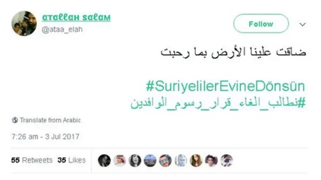 تغريدة حول هاشتاغ "يا سوريون عودوا إلى بلادكم" الذي انتشر في تركيا