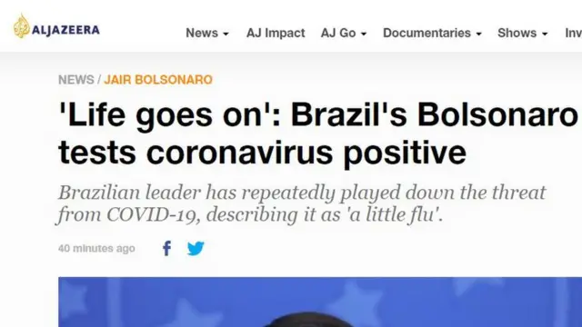 Reportagem da emissora Al Jazeera sobre diagnóstico positivocassino que aceita cartão de créditoJair Bolsonaro