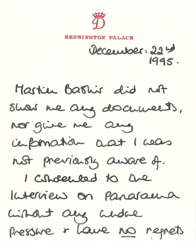 戴安娜王妃寄送巴希爾的便條，日期為1995年12月22日