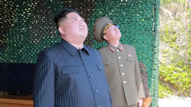 North Korean leader Kim Jong-un observing missile tests, 4 May 2019