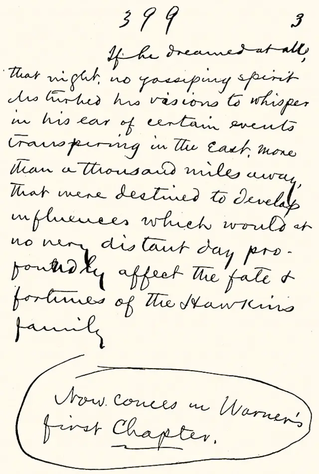 Una página del manuscrito manuscrito de Mark Twain de "La era dorada: Un cuento de hoy" (1873). (Foto por Culture Club / Getty Images)