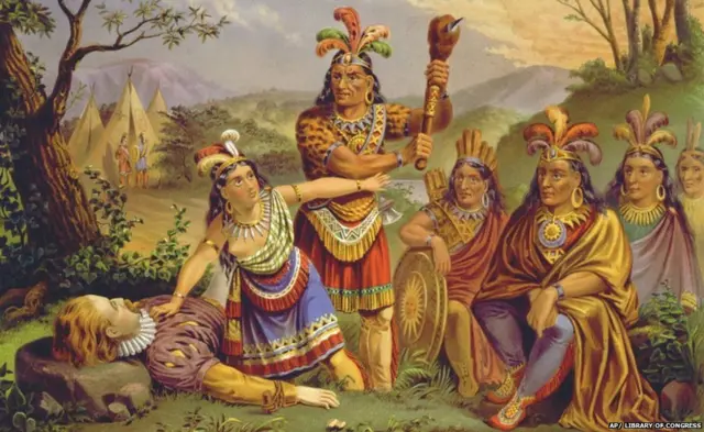 Slika Pokahontas kako spasava život Džonu Smitu