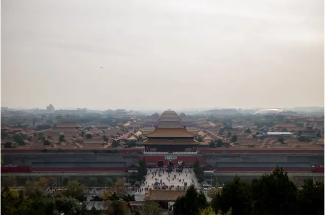 In this photo taken on October 31, 2017, a general view of The Forbidden City is seen during heavy smog in Beijing. / AFP PHOTO / FRED DUFOUR (Photo credit should read FRED DUFOUR/AFP/Getty Images)