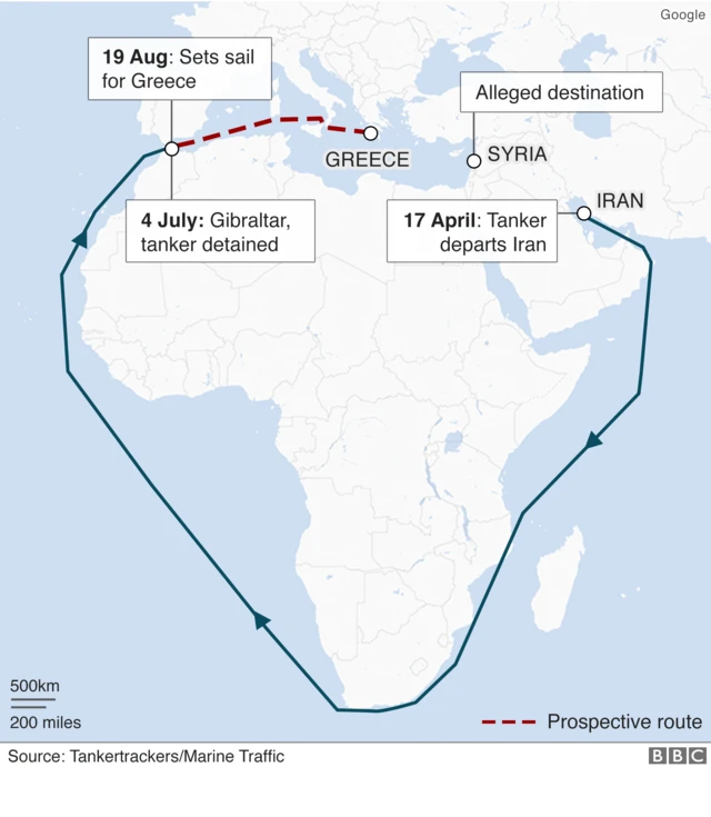 Ramani inayoonyesha njia iliotumiwa na meli hiyo baada ya kukamatwa Gibraltar