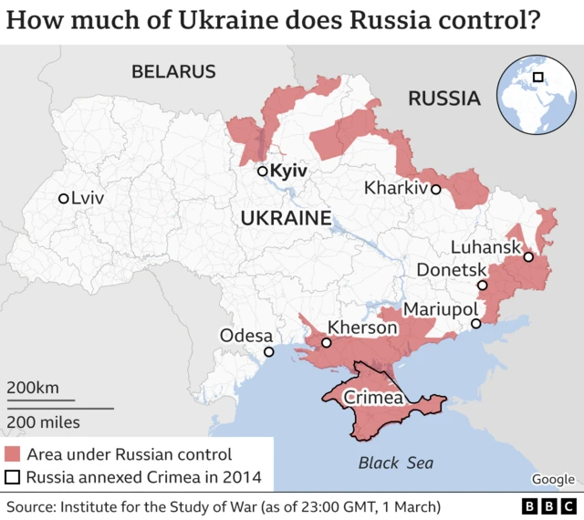 Map showing areas of Ukraine that are under Russian control