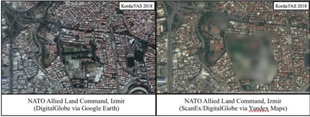 Una comparativa de las imágenes de la base de la OTAN en Turquía, de Google Earth y Yandex.
