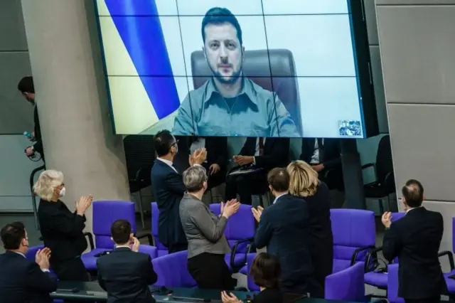 Ukrainian President Volodymyr Zelensky addresses the German parliament in Berlin, Germany, 17 March 2022.