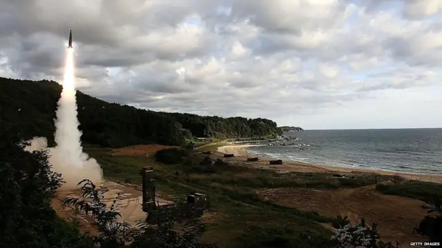 EAST COAST, SOUTH KOREA - SEPTEMBER 15: handout photo released by the South Korean Defense Ministry, South Korea's missile system firing Hyunmu-2
