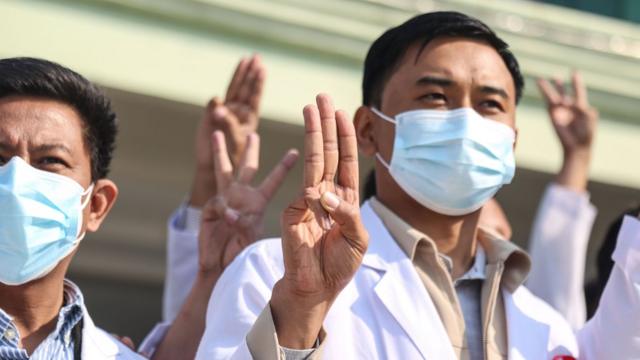 Doctors in Myanmar showing their discontent with the coup, 3 February 2021