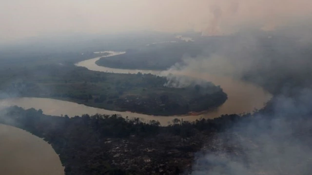 Vista aéreasportingbet dinheiro restritorio no Pantanal, com florestas nas margens pegando fogo