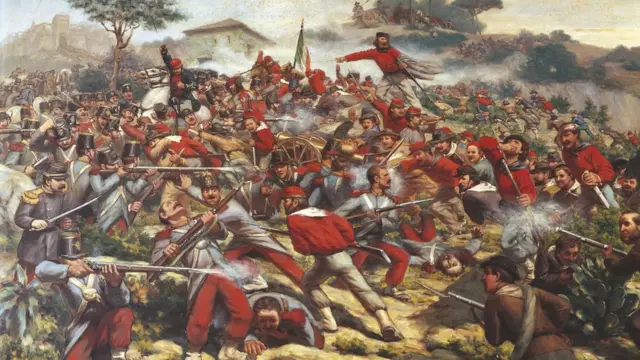 Pintura a óleo romântica retratando soldados na batalha de Calatafimi
