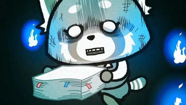 Aggretsuko, depicted in what looks like mental distress.