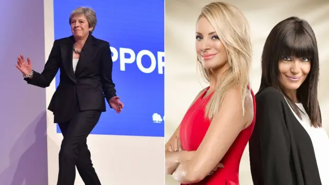 Theresa May and Tess Daly and Claudio Winkleman