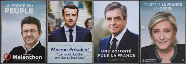 Carteles de los candidatos punteros en Francia