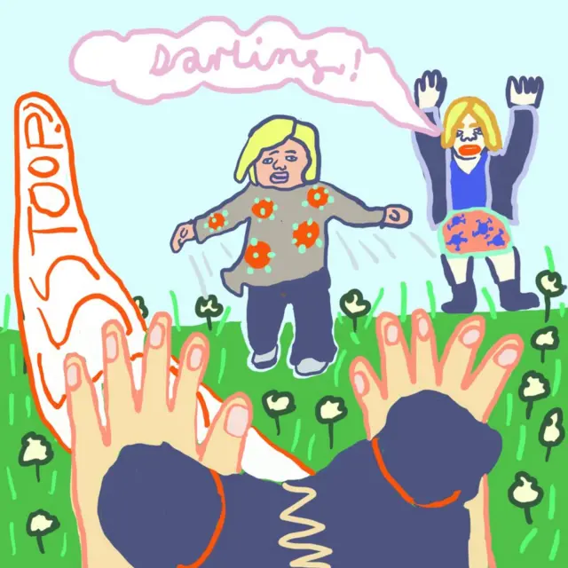 Ilustracija: Monik viče na dete koje trči ka njoj u parku