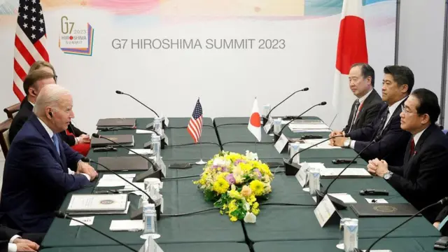 U.S. President Joe Biden attends a meeting with Japanese Prime Minister Fumio Kishida ahead the G7 Summit in Hiroshima on Thursday afternoon