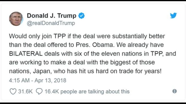 Ông Trump nhắn trên Twitter hôm 13/04 "Sẽ chỉ tham gia Hiệp định Đối tác xuyên Thái Bình Dương (TPP) nếu thỏa thuận đạt được tốt hơn so với thỏa thuận dưới thời TT Obama".