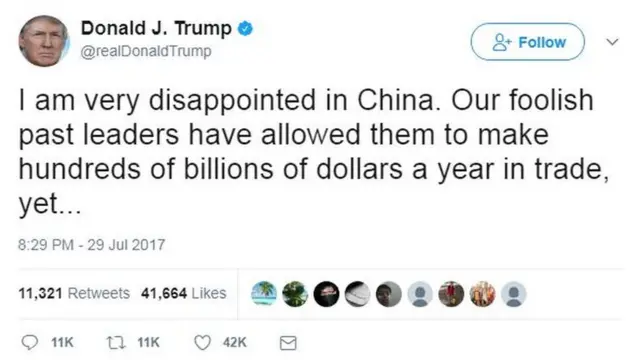 آقای ترامپ در توییت روز شنبه خود نوشته: "چین بسیار ناامیدم کرد. رهبران ساده لوح قبلی به آنها صدها میلیارد دلار سود رساندند در حالی که اونها (پکن) هیچ کاری برای ما نکردند