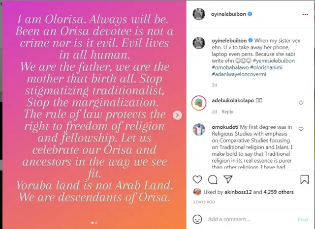 Ọrọ ti Oyin Elebuibon kọ soju opo Instagram rẹ