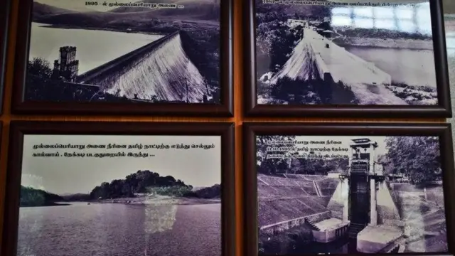 பென்னிகுயிக் நினைவு மண்டபத்தில் காட்சிப்படுத்தப்பட்டுள்ள முல்லை பெரியாறு அணையின் அந்தக்கால படங்கள்