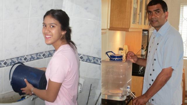 Mohammed Allie e a filha mostram como economizam água em casa