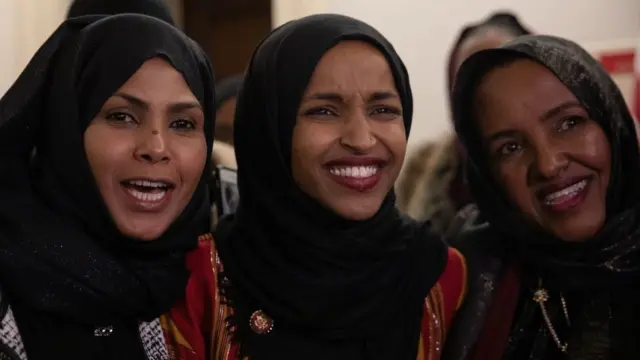 US Democrat representative from Minnesota Ihan Omar and her supporters for her swearing in to US Congress.
