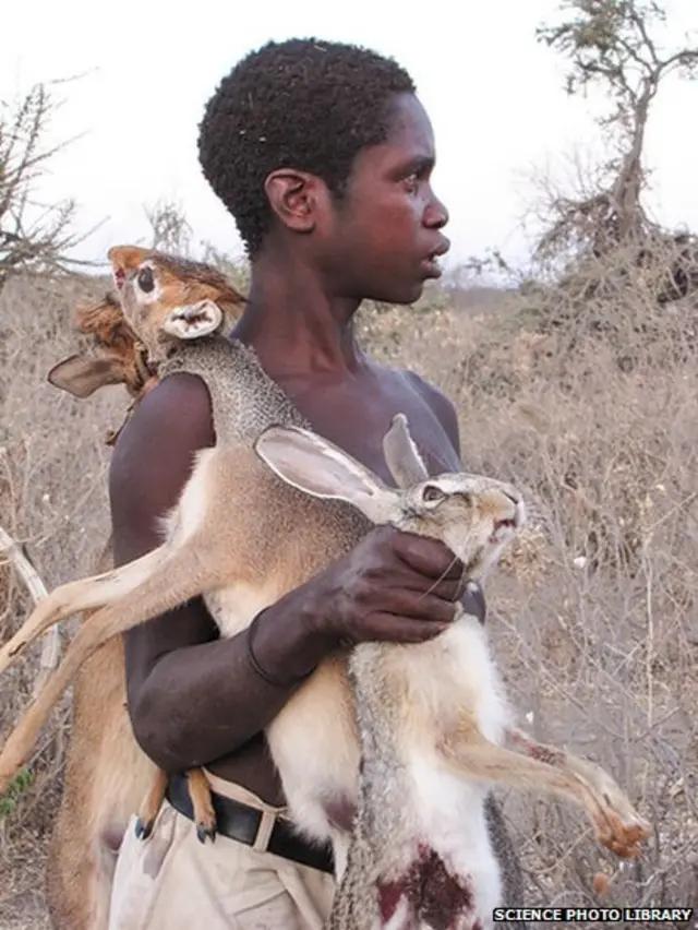 Caçador Hazda com animais mortos