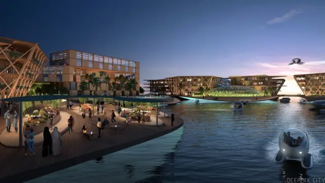 A sketch of Oceanix City at night.