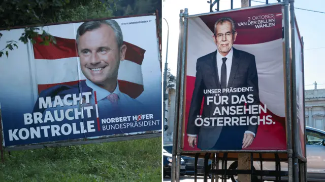 O slogan do candidato da extrema-direita, Norbert Hofer (esq.), diz: "o poder precisadfb pokal bwincontrole"; já Alexander Van der Bellen (dir.) oferta lutar "pela reputação da Áustria"