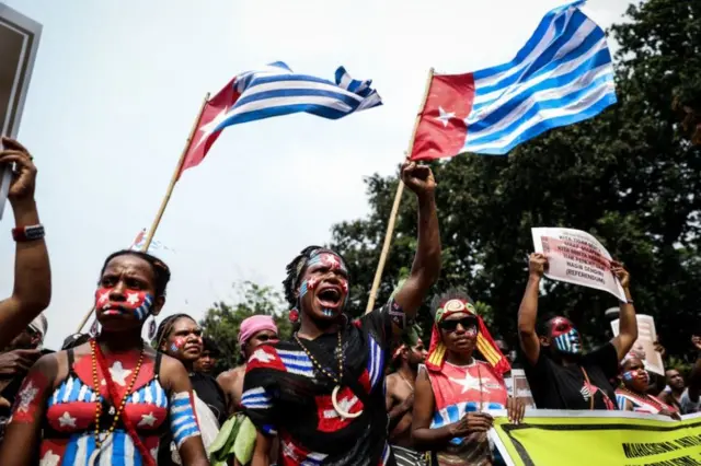Mahasiswa Papua saat unjuk rasa menentang rasialisme di Jakarta, Indonesia, pada 28 Agustus 2019.