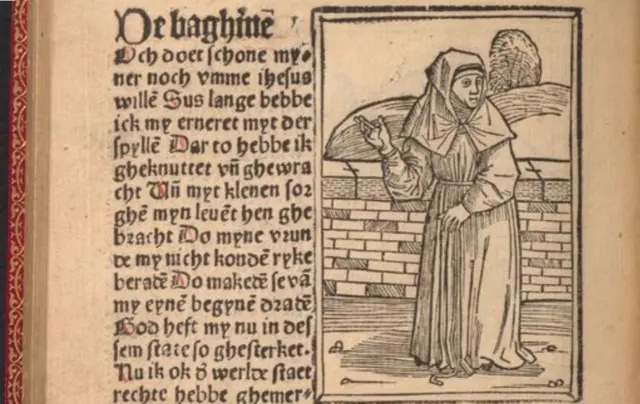 Gravure d'une béguine tirée de Des dodes dantz, imprimé par Matthäus Brandis à Lübeck en 1489.