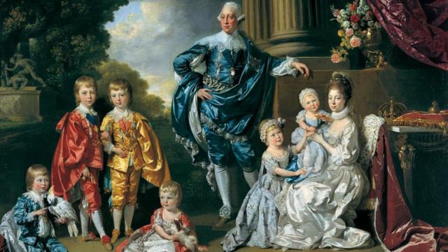 Rei George III, Rainha Charlotte e filhos, em pintura de 1770, feita por Johan Zoffany