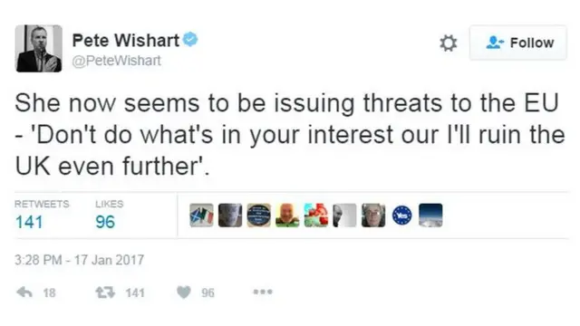 İskoç Ulusal Partisi SNP'nin gölge bakanlarından Pete Wishart ise "Şimdi de AB'ye 'Kendi çıkarınız için olanı yapmayın, yoksa İngiltere'yi iyice batırırım' diyerek tehditte bulunuyor" ifadesini kullanarak eleştirilerini yöneltti.