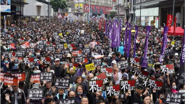Tens of thousands of protesters marched in Hong Kong on January 1
