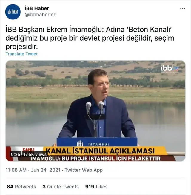 امام اوغلو شهردار استانبول مرتبا علیه این پروژه حرف می‌زند