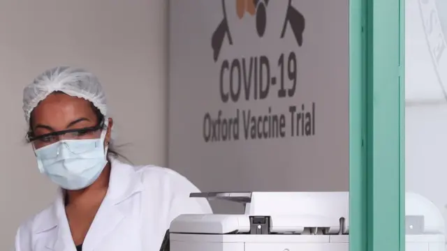 An employee is seen at the Federal University of Sao Paulo (Unifesp) where the trials of the Oxford/AstraZeneca coronavirus vaccine are being conducted